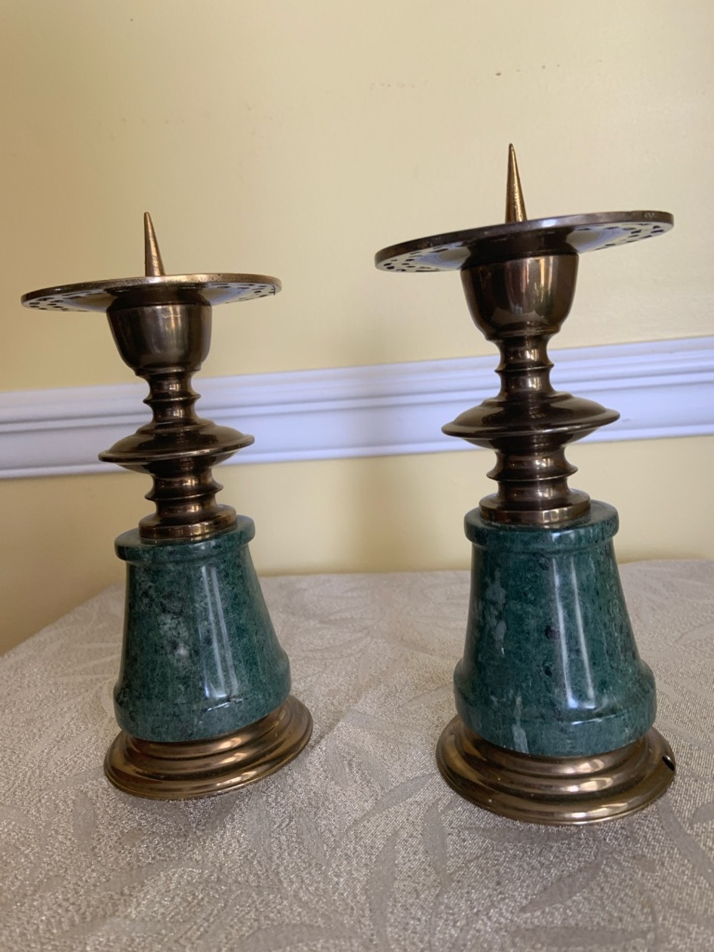Vintage Brass Marble Candle Holders - Pair Mid Century